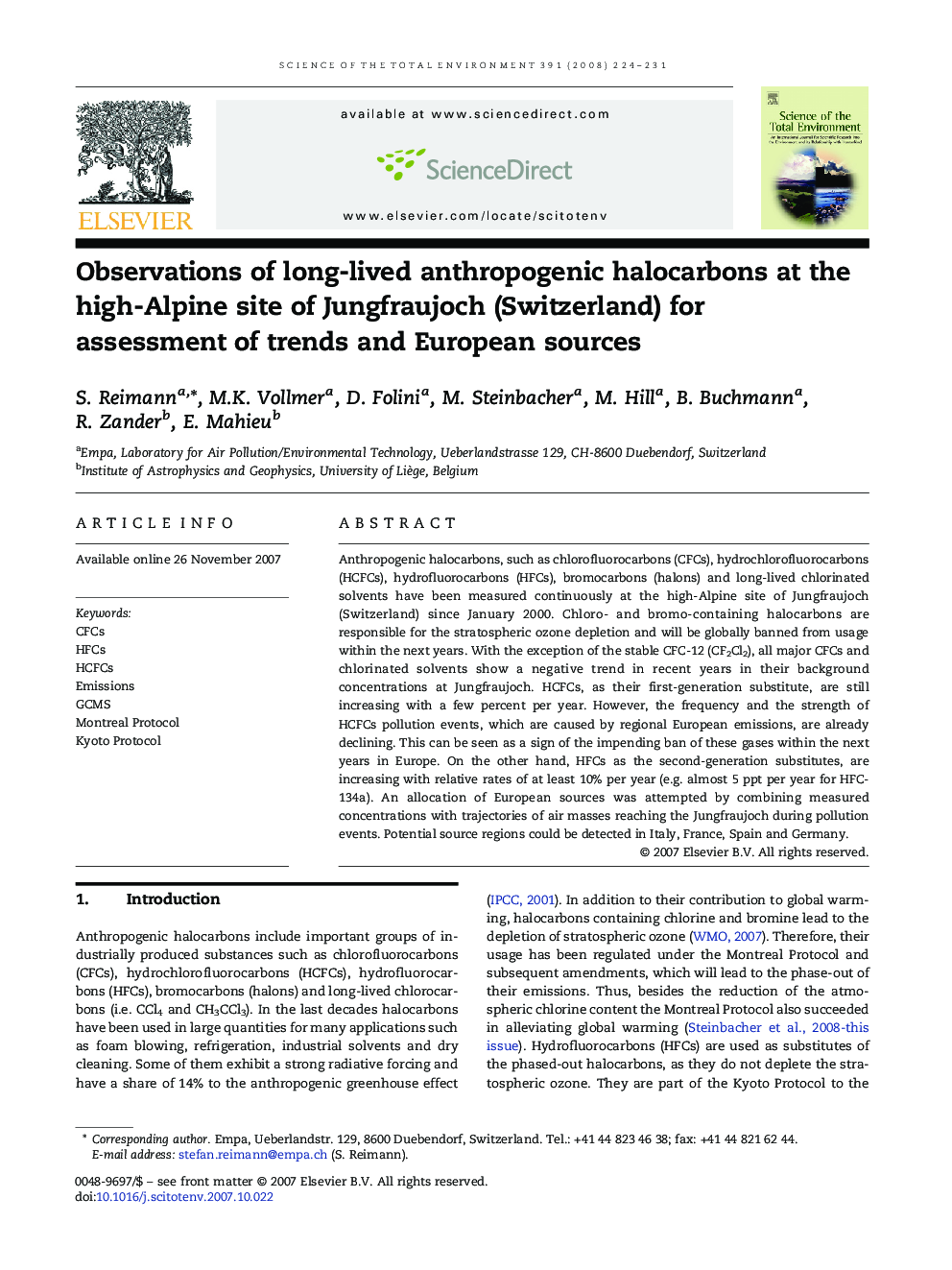 Observations of long-lived anthropogenic halocarbons at the high-Alpine site of Jungfraujoch (Switzerland) for assessment of trends and European sources
