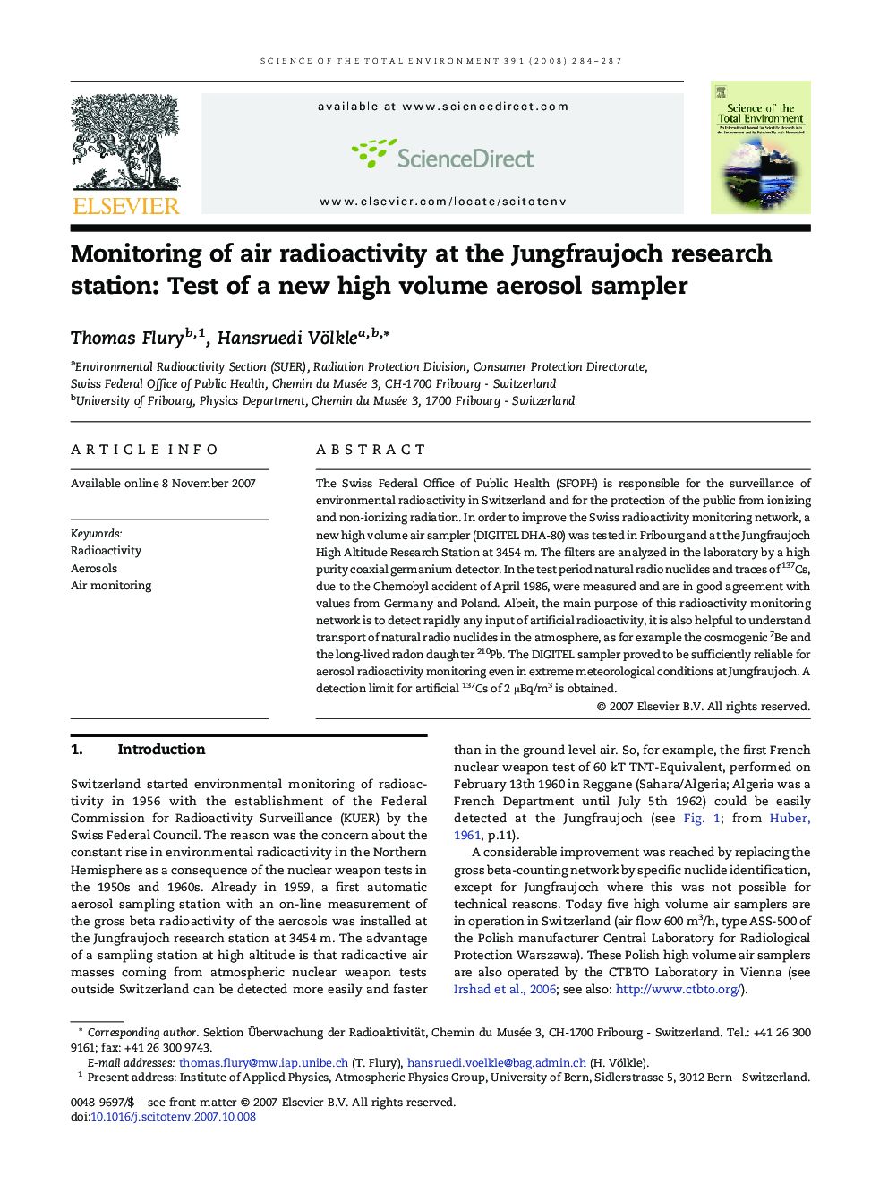 Monitoring of air radioactivity at the Jungfraujoch research station: Test of a new high volume aerosol sampler