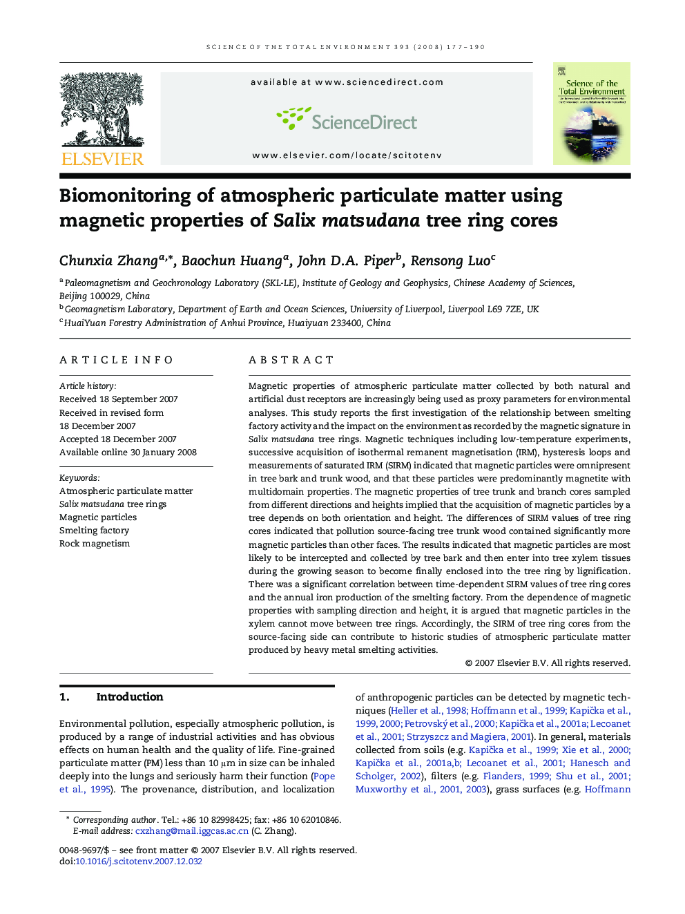 Biomonitoring of atmospheric particulate matter using magnetic properties of Salix matsudana tree ring cores