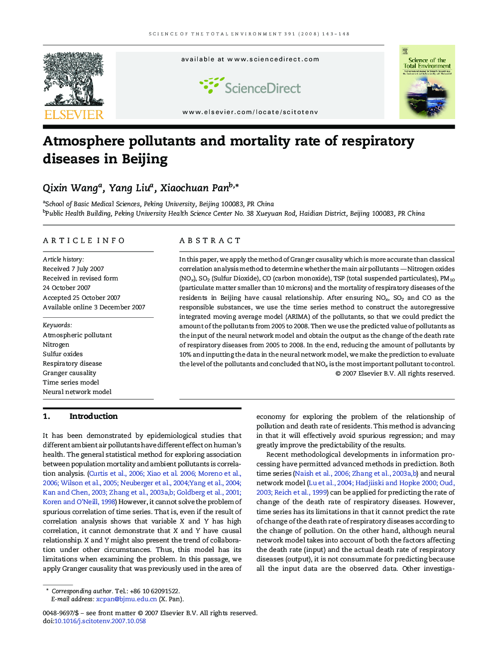 Atmosphere pollutants and mortality rate of respiratory diseases in Beijing