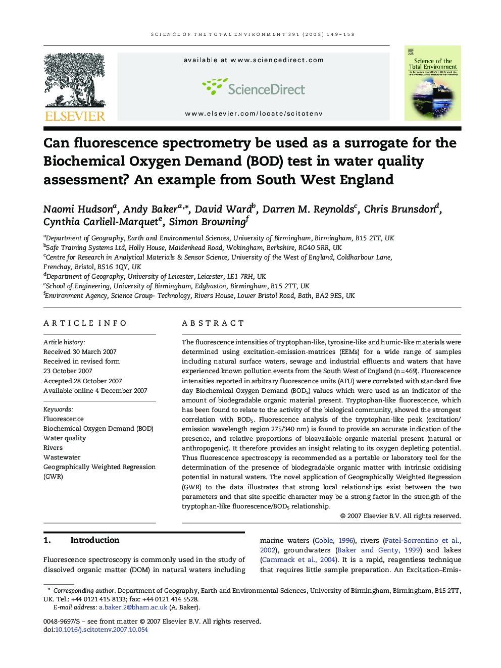 عکس صفحه اول مقاله: Can fluorescence spectrometry be used as a surrogate for the Biochemical Oxygen Demand (BOD) test in water quality assessment? An example from South West England Can fluorescence spectrometry be used as a surrogate for the Biochemical Oxygen Demand (BOD) test in water quality assessment? An example from South West England