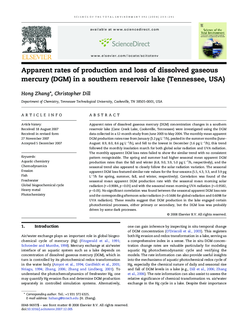 Apparent rates of production and loss of dissolved gaseous mercury (DGM) in a southern reservoir lake (Tennessee, USA)