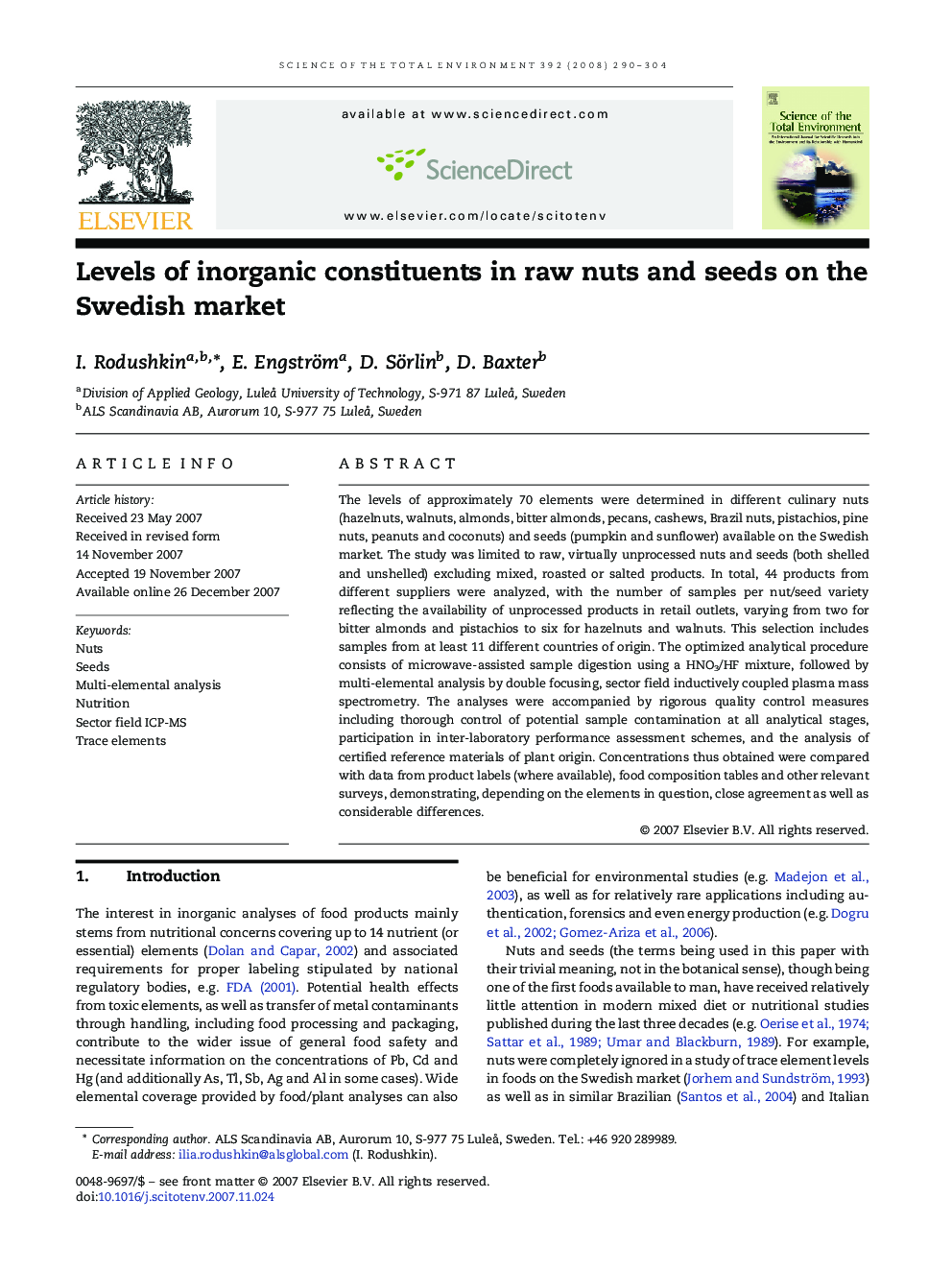 Levels of inorganic constituents in raw nuts and seeds on the Swedish market