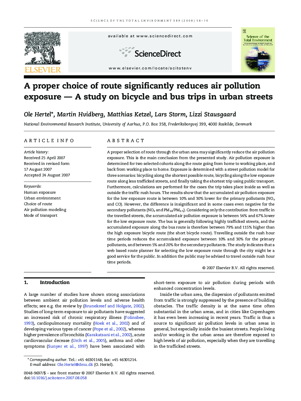 A proper choice of route significantly reduces air pollution exposure — A study on bicycle and bus trips in urban streets