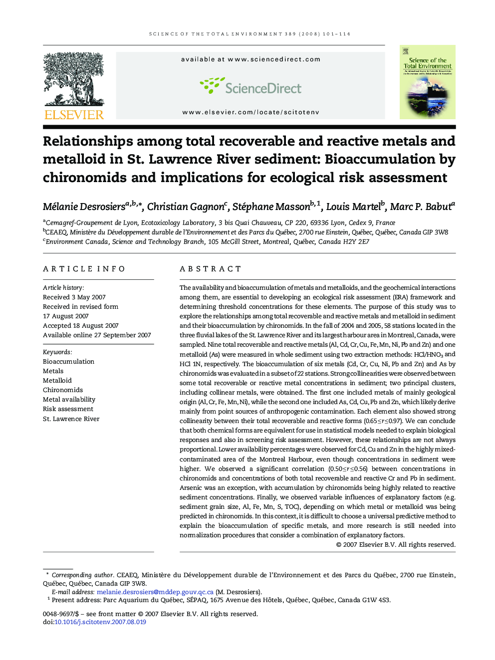 Relationships among total recoverable and reactive metals and metalloid in St. Lawrence River sediment: Bioaccumulation by chironomids and implications for ecological risk assessment