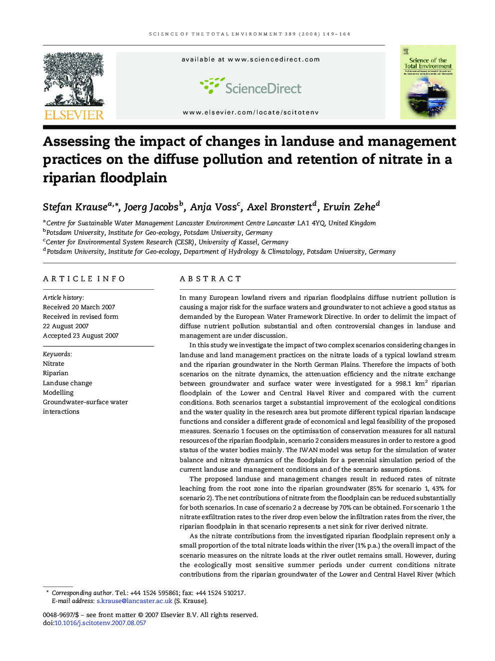 Assessing the impact of changes in landuse and management practices on the diffuse pollution and retention of nitrate in a riparian floodplain