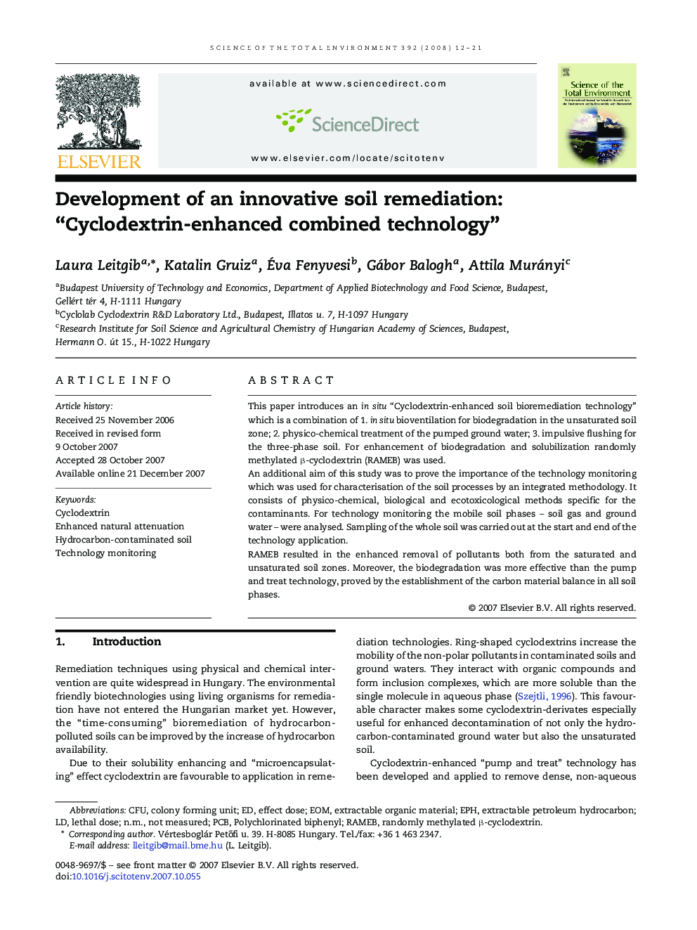 Development of an innovative soil remediation: “Cyclodextrin-enhanced combined technology”