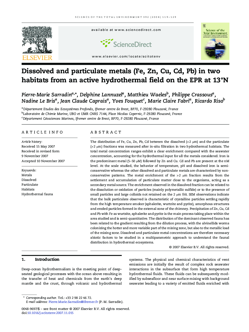 Dissolved and particulate metals (Fe, Zn, Cu, Cd, Pb) in two habitats from an active hydrothermal field on the EPR at 13°N