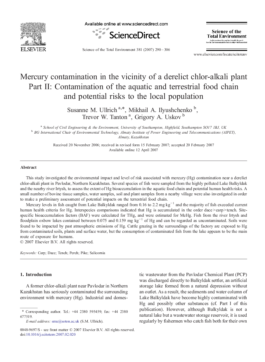 Mercury contamination in the vicinity of a derelict chlor-alkali plant: Part II: Contamination of the aquatic and terrestrial food chain and potential risks to the local population