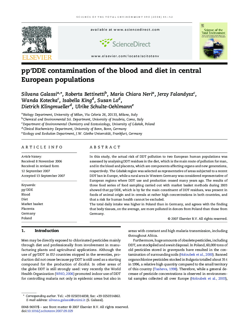 pp′DDE contamination of the blood and diet in central European populations