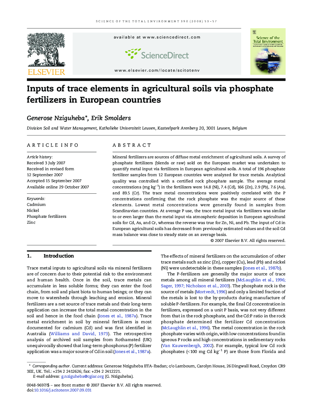 Inputs of trace elements in agricultural soils via phosphate fertilizers in European countries
