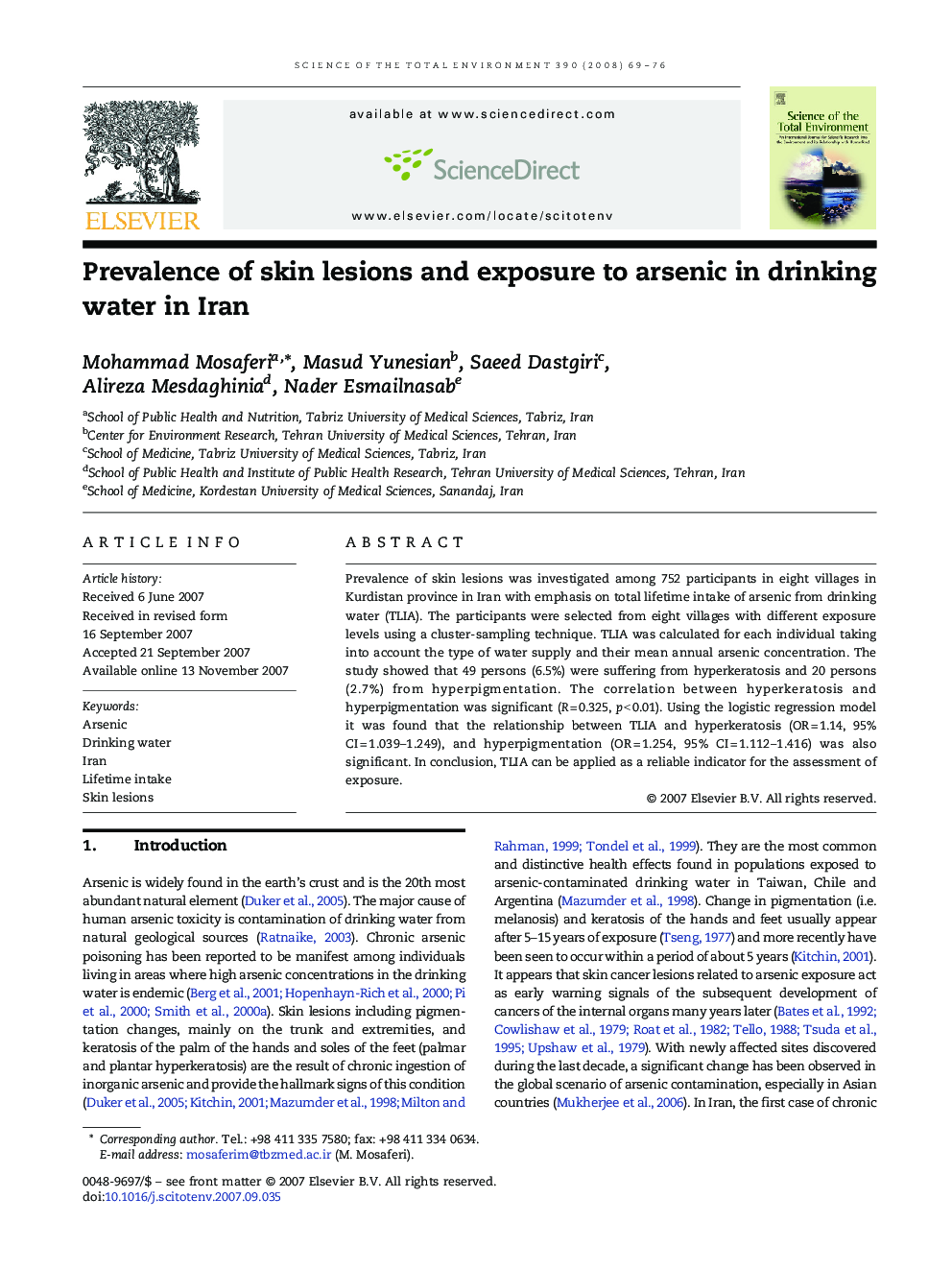 Prevalence of skin lesions and exposure to arsenic in drinking water in Iran