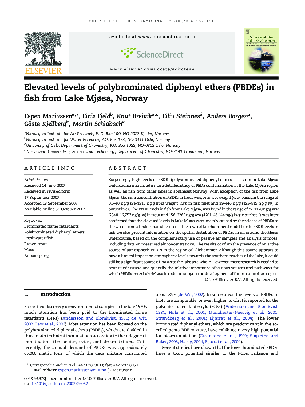 Elevated levels of polybrominated diphenyl ethers (PBDEs) in fish from Lake Mjøsa, Norway