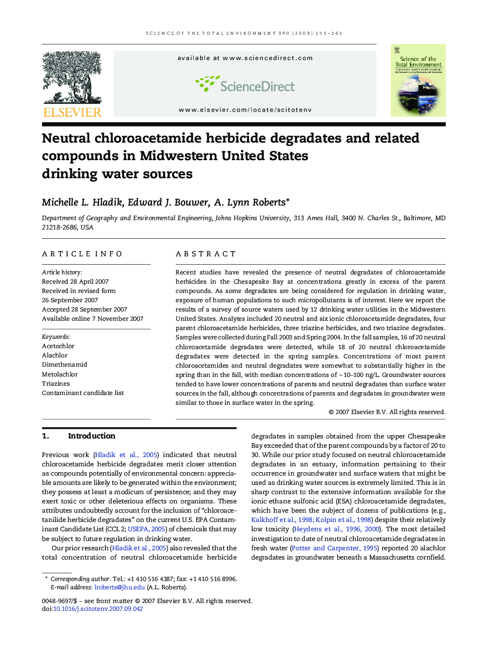 Neutral chloroacetamide herbicide degradates and related compounds in Midwestern United States drinking water sources