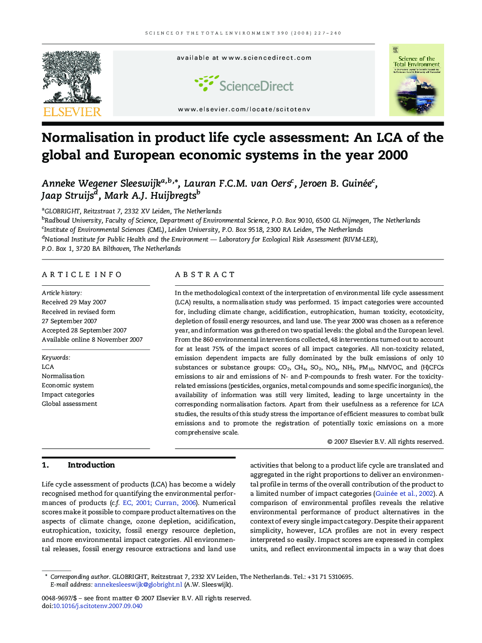 Normalisation in product life cycle assessment: An LCA of the global and European economic systems in the year 2000