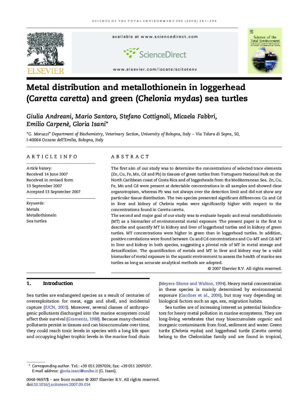 Metal distribution and metallothionein in loggerhead (Caretta caretta) and green (Chelonia mydas) sea turtles