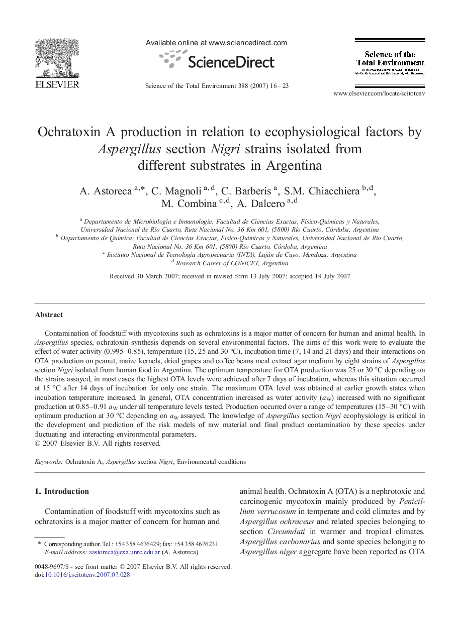 Ochratoxin A production in relation to ecophysiological factors by Aspergillus section Nigri strains isolated from different substrates in Argentina