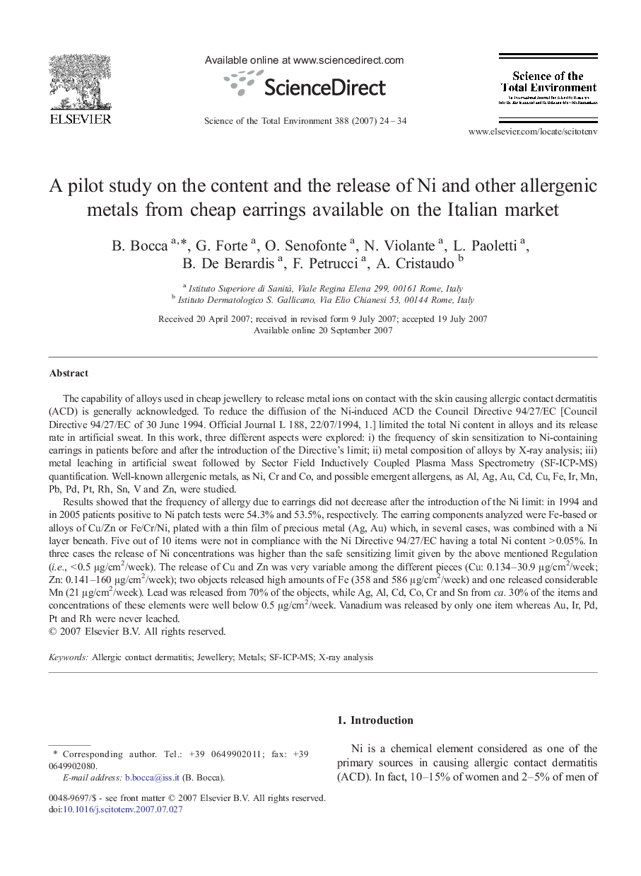 A pilot study on the content and the release of Ni and other allergenic metals from cheap earrings available on the Italian market