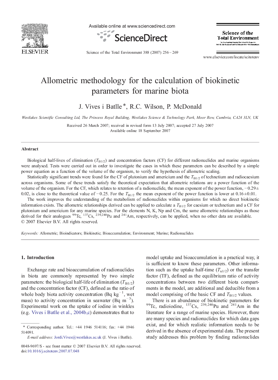 Allometric methodology for the calculation of biokinetic parameters for marine biota