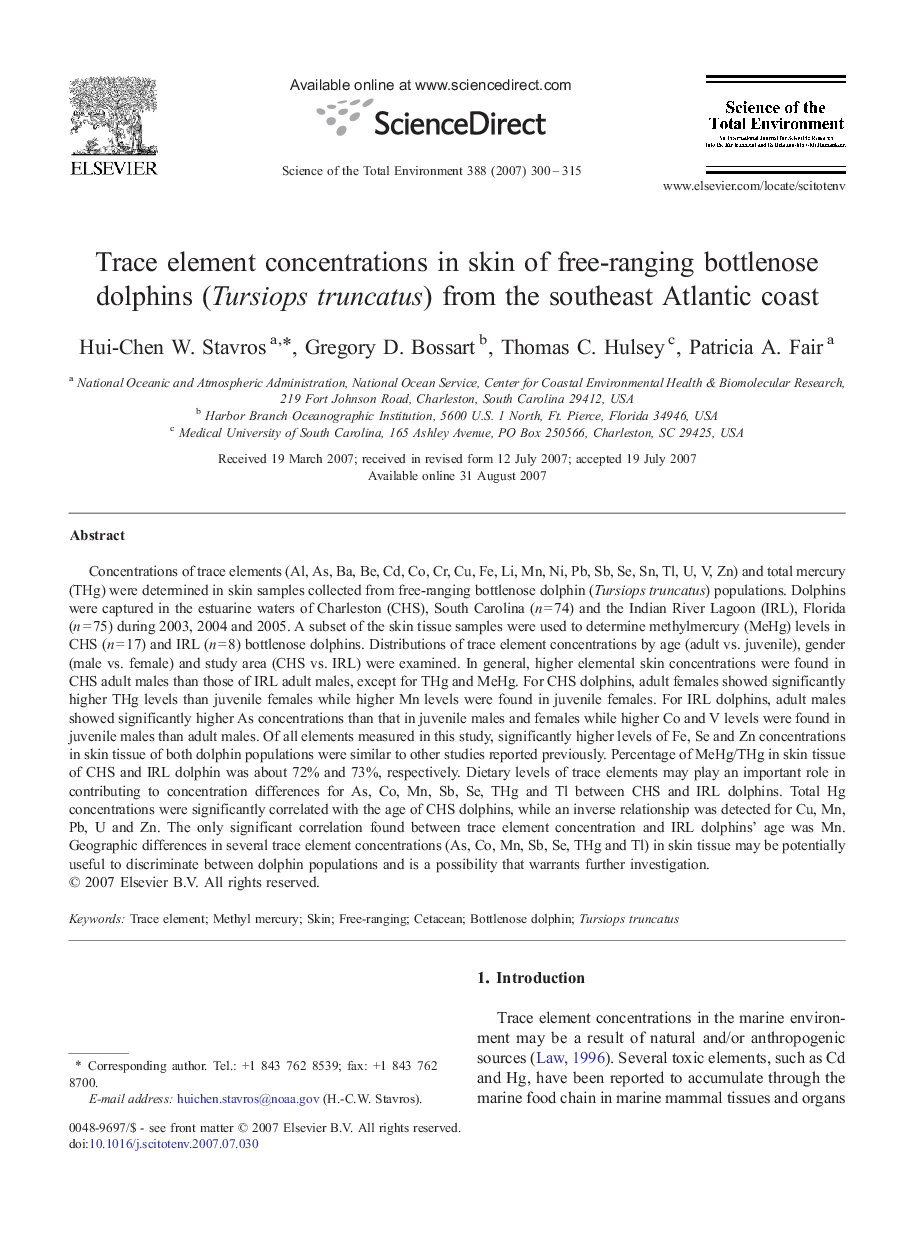 Trace element concentrations in skin of free-ranging bottlenose dolphins (Tursiops truncatus) from the southeast Atlantic coast