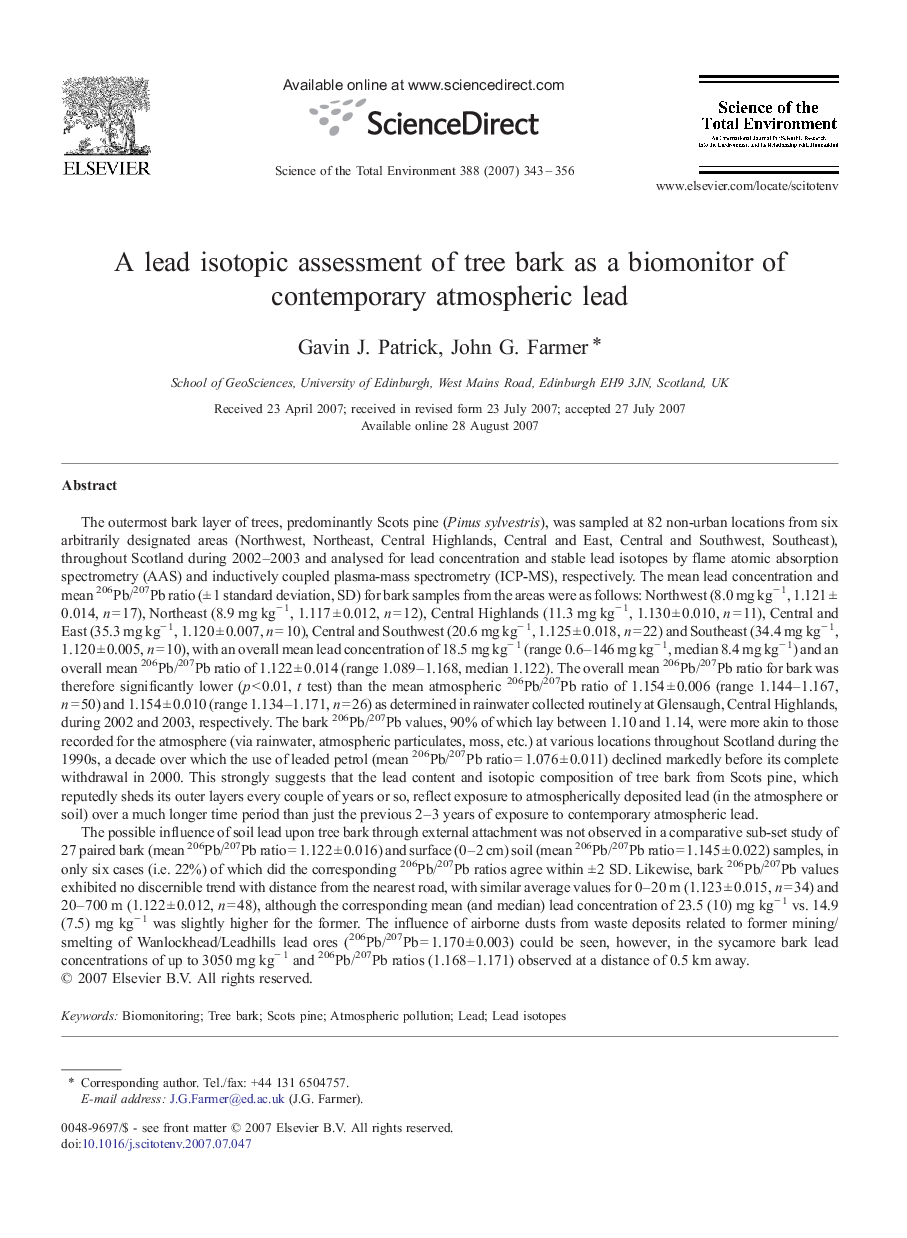 A lead isotopic assessment of tree bark as a biomonitor of contemporary atmospheric lead