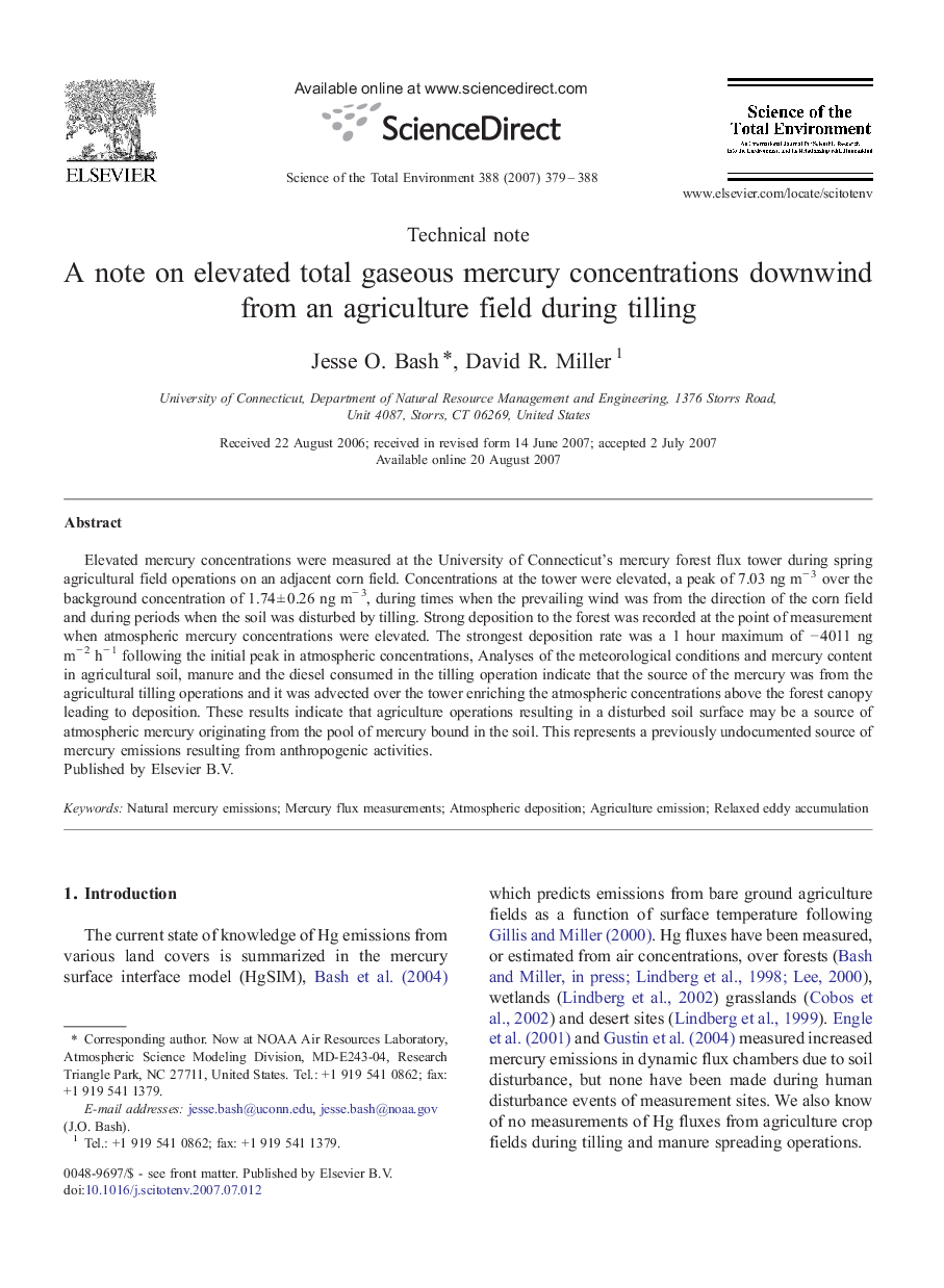 A note on elevated total gaseous mercury concentrations downwind from an agriculture field during tilling