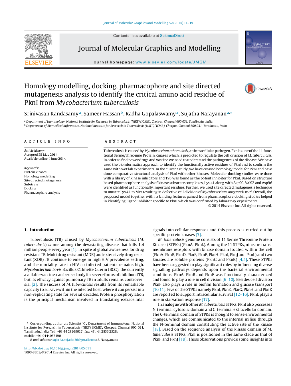 عکس صفحه اول مقاله: Homology modelling, docking, pharmacophore and site directed mutagenesis analysis to identify the critical amino acid residue of PknI from Mycobacterium tuberculosis Homology modelling, docking, pharmacophore and site directed mutagenesis analysis to identify the critical amino acid residue of PknI from Mycobacterium tuberculosis