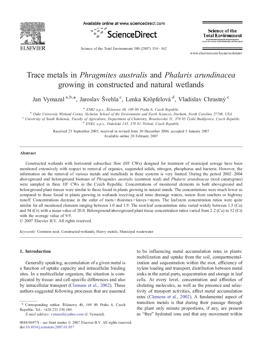 Trace metals in Phragmites australis and Phalaris arundinacea growing in constructed and natural wetlands