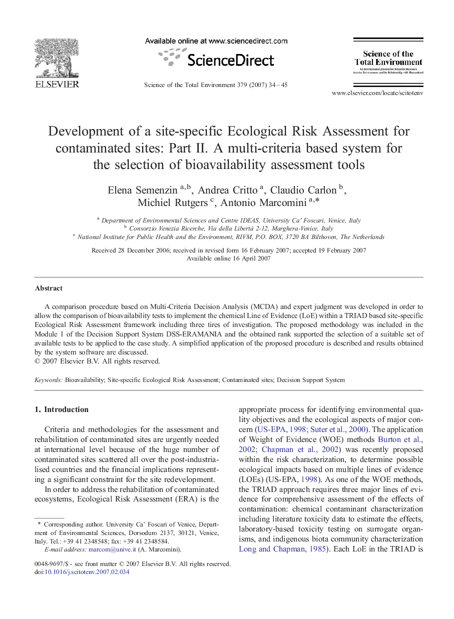 Development of a site-specific Ecological Risk Assessment for contaminated sites: Part II. A multi-criteria based system for the selection of bioavailability assessment tools