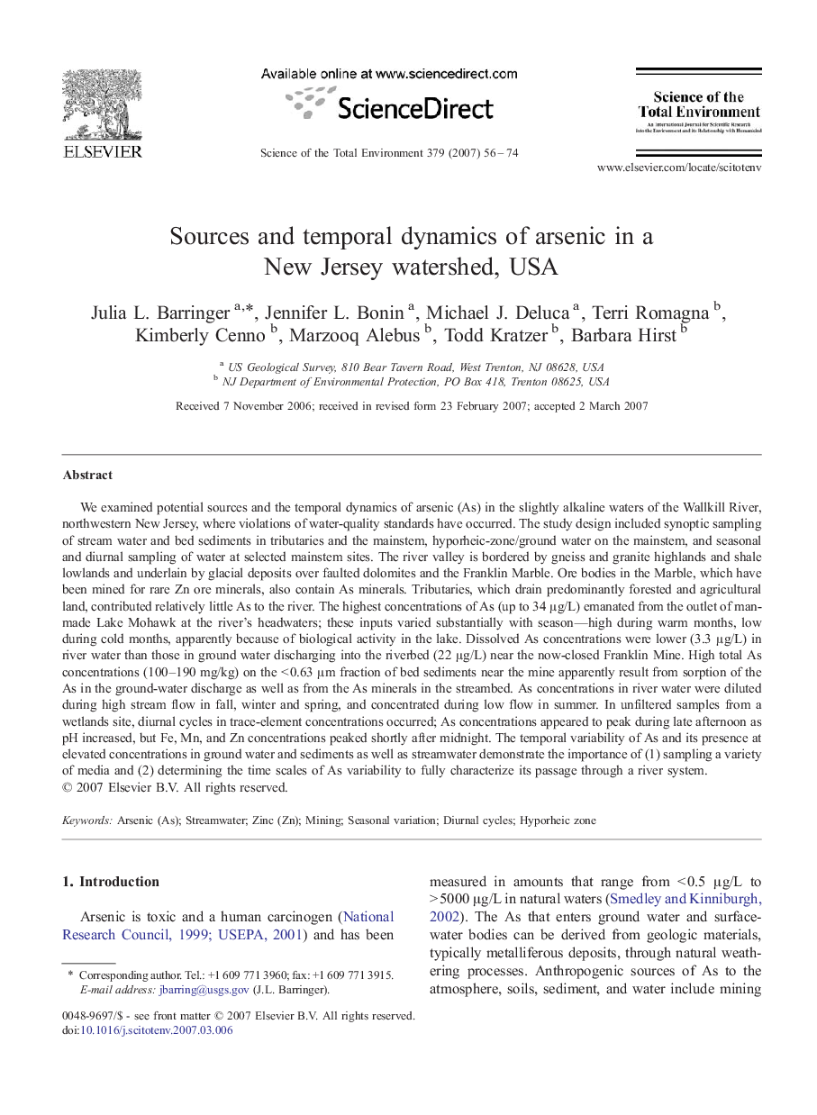 Sources and temporal dynamics of arsenic in a New Jersey watershed, USA