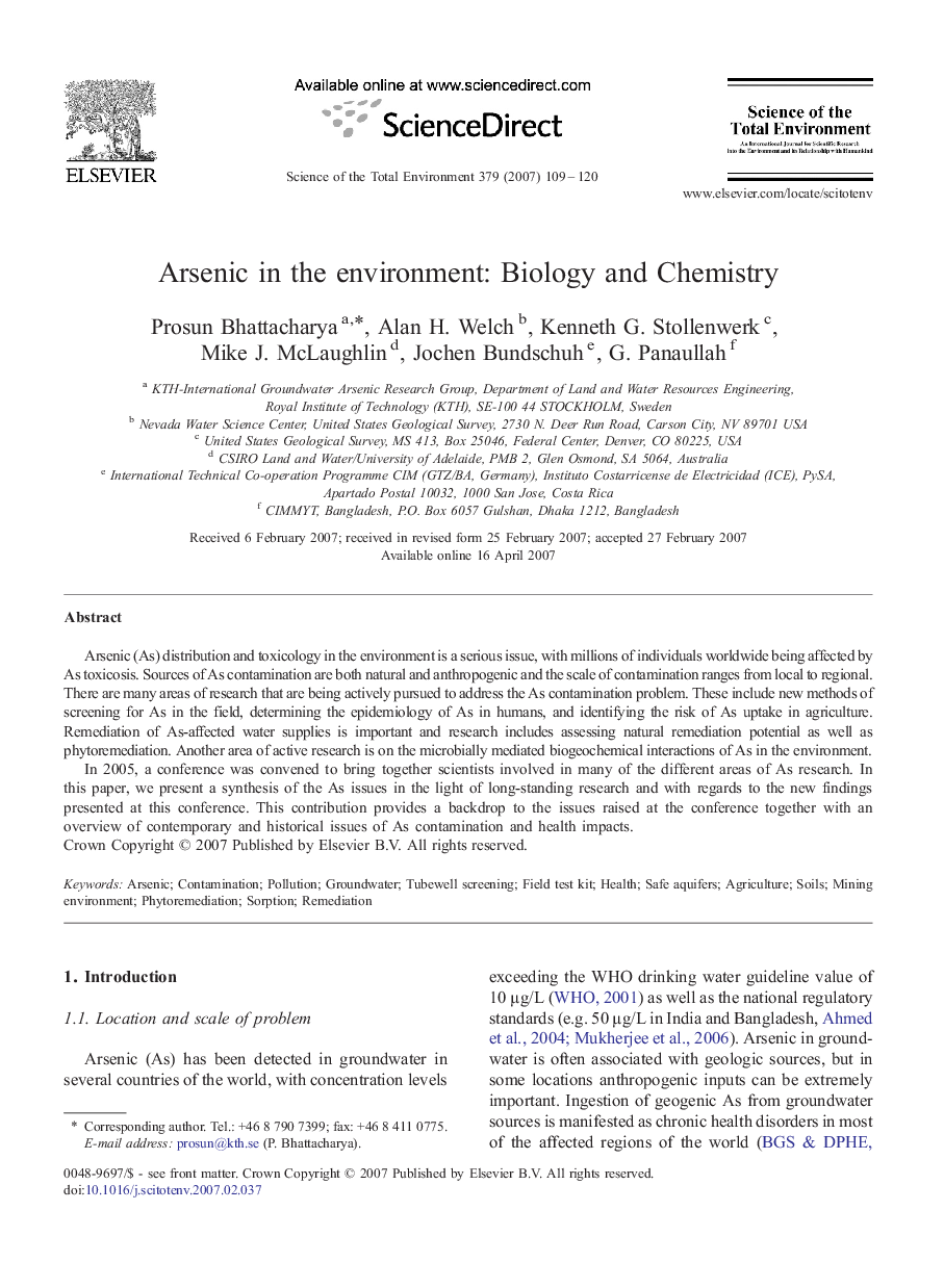 Arsenic in the environment: Biology and Chemistry