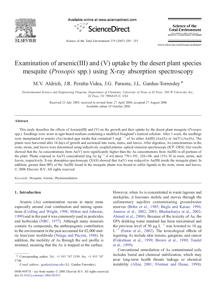 Examination of arsenic(III) and (V) uptake by the desert plant species mesquite (Prosopis spp.) using X-ray absorption spectroscopy