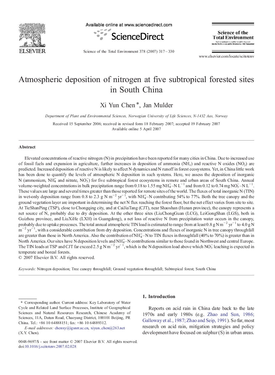 Atmospheric deposition of nitrogen at five subtropical forested sites in South China