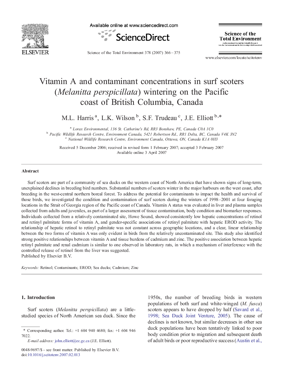 Vitamin A and contaminant concentrations in surf scoters (Melanitta perspicillata) wintering on the Pacific coast of British Columbia, Canada