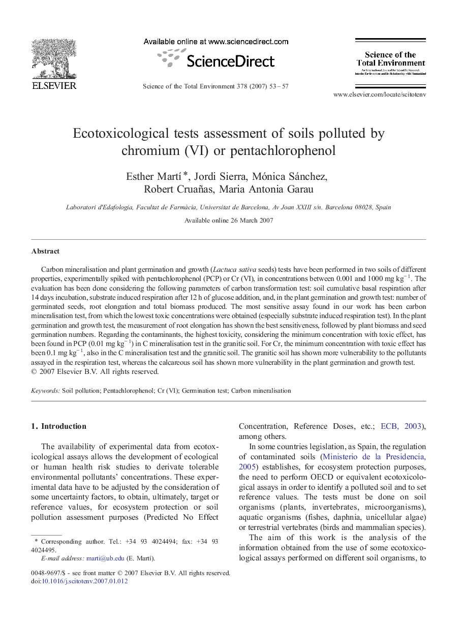 Ecotoxicological tests assessment of soils polluted by chromium (VI) or pentachlorophenol