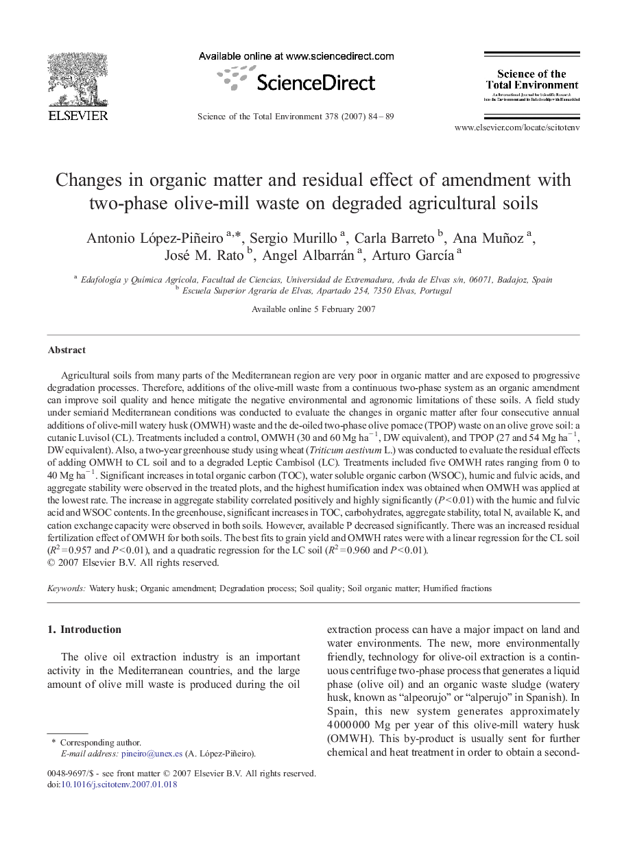 Changes in organic matter and residual effect of amendment with two-phase olive-mill waste on degraded agricultural soils