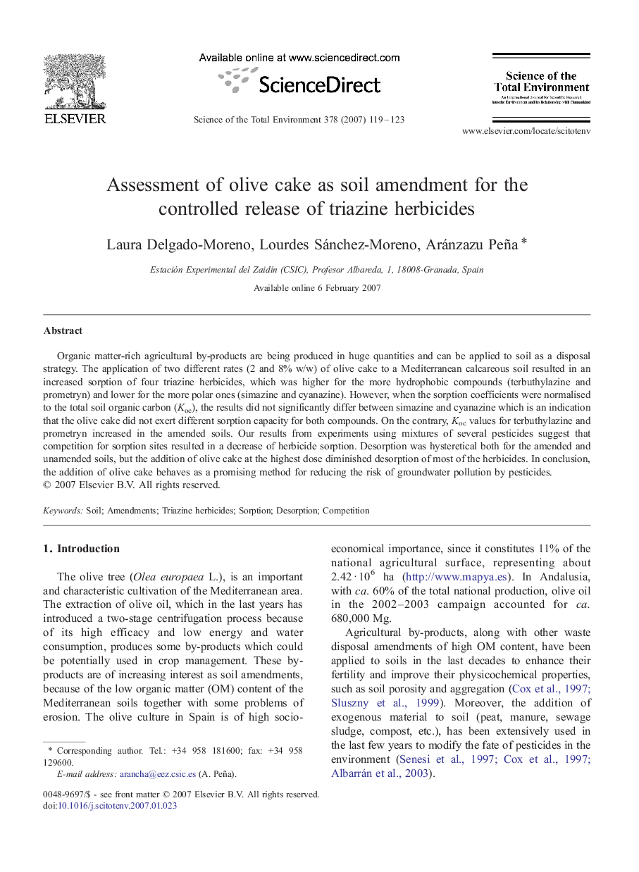 Assessment of olive cake as soil amendment for the controlled release of triazine herbicides