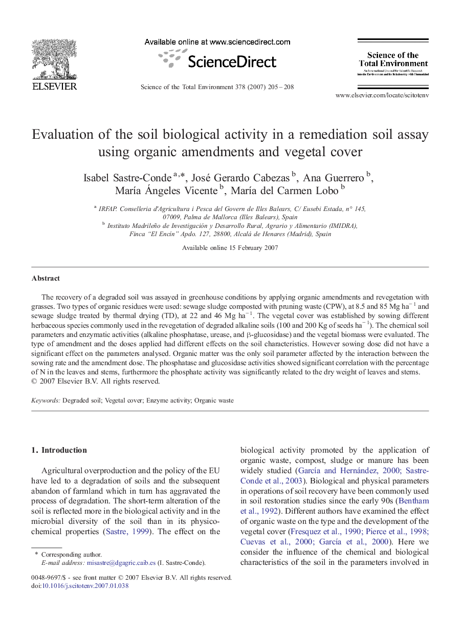 Evaluation of the soil biological activity in a remediation soil assay using organic amendments and vegetal cover