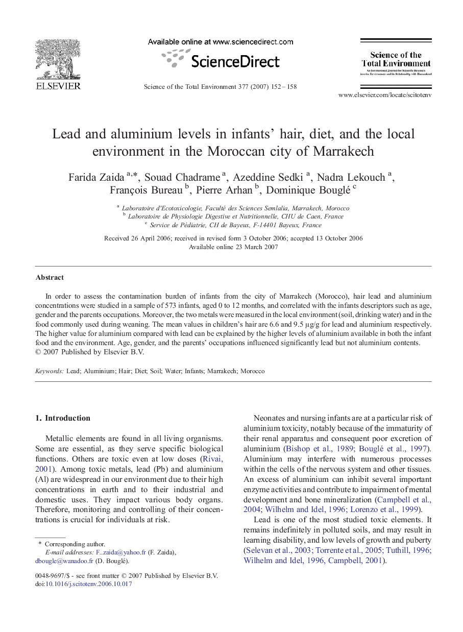 Lead and aluminium levels in infants' hair, diet, and the local environment in the Moroccan city of Marrakech