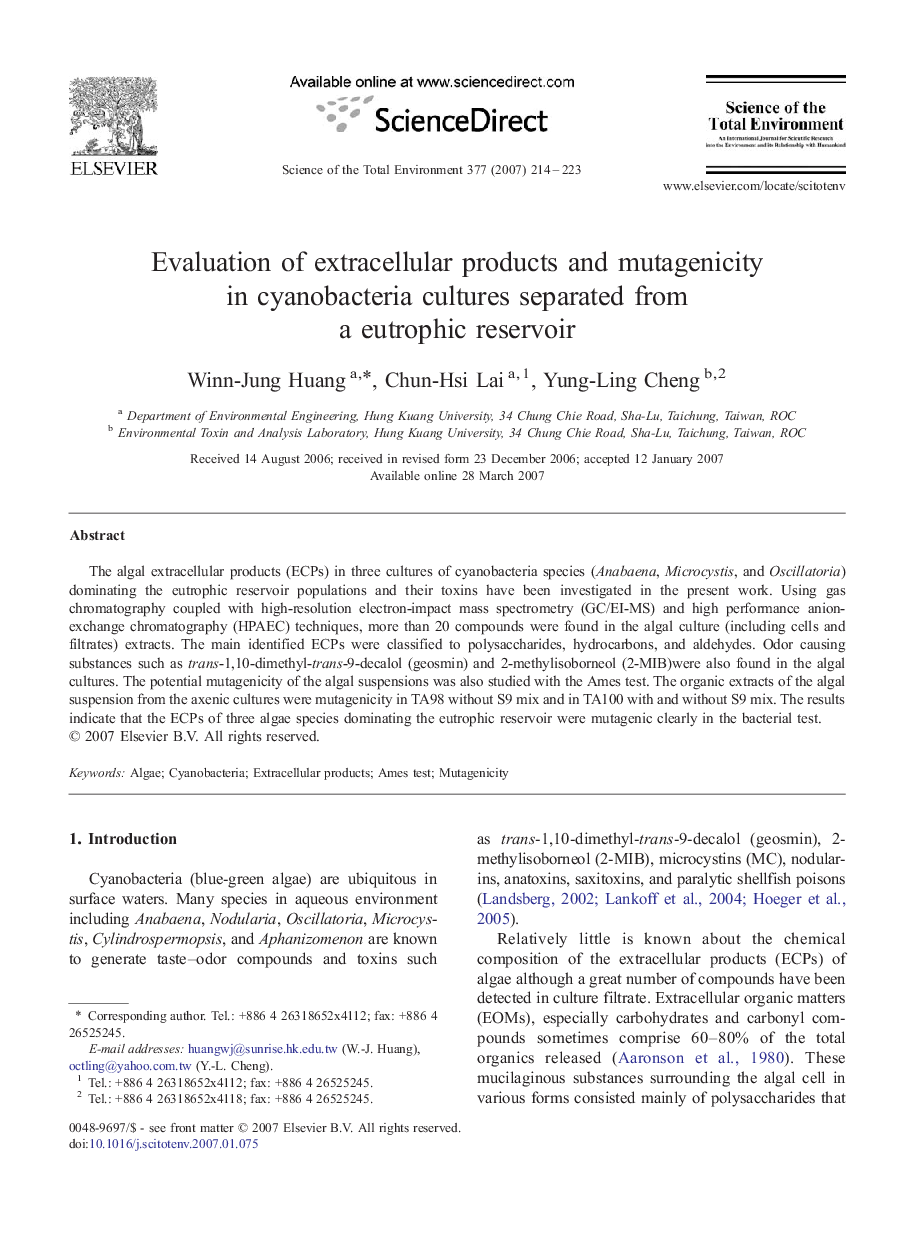 Evaluation of extracellular products and mutagenicity in cyanobacteria cultures separated from a eutrophic reservoir