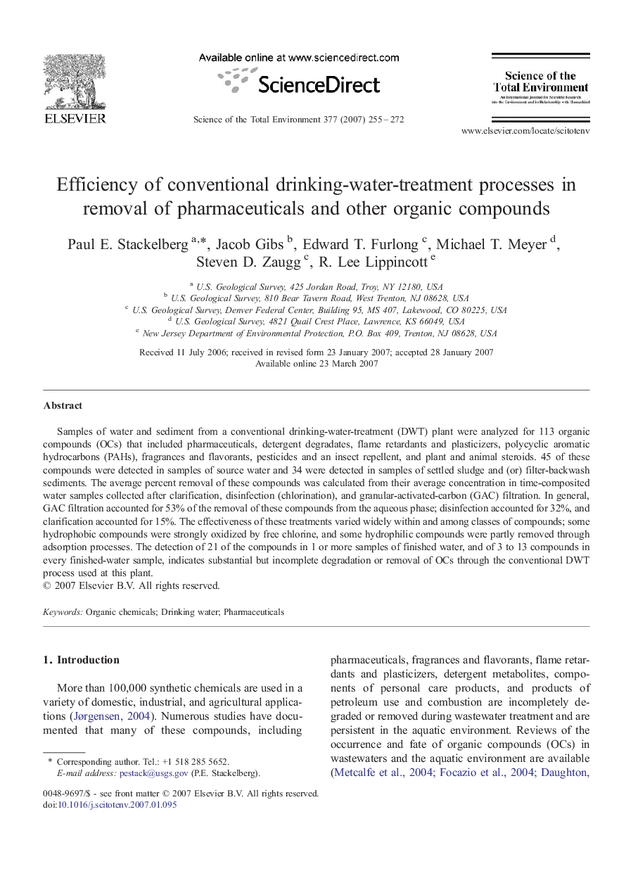 Efficiency of conventional drinking-water-treatment processes in removal of pharmaceuticals and other organic compounds