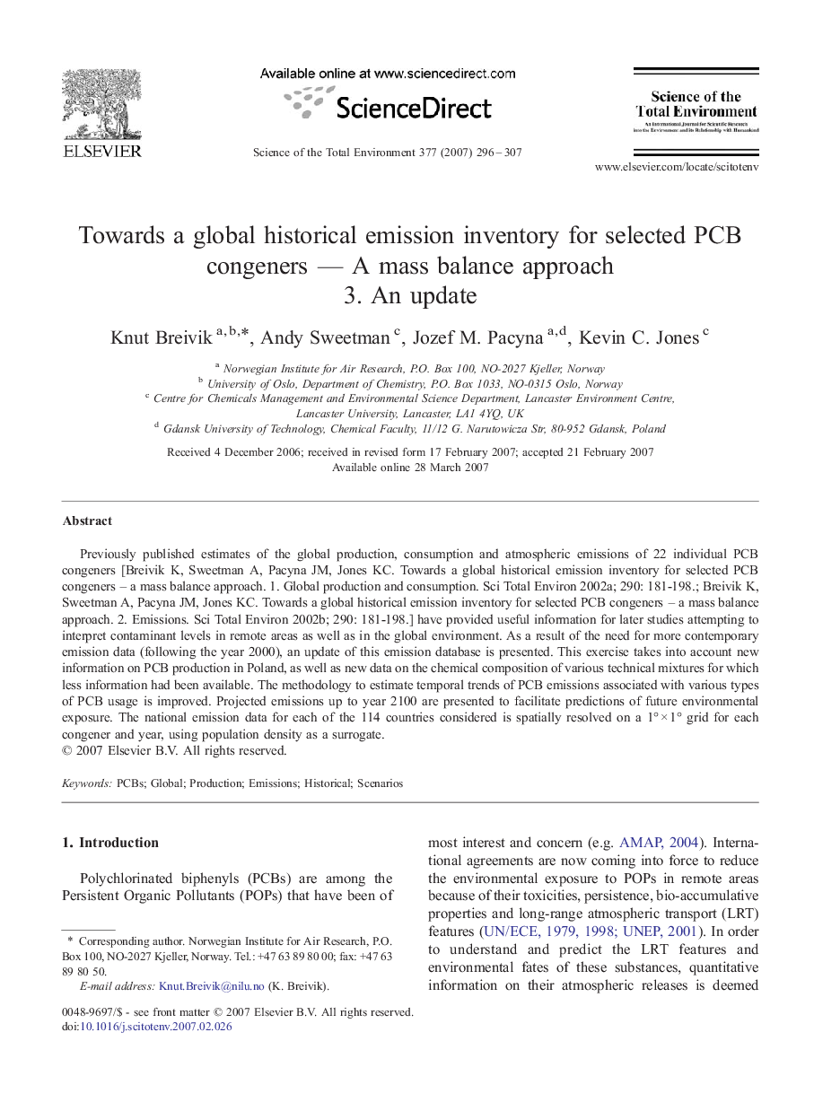 Towards a global historical emission inventory for selected PCB congeners — A mass balance approach: 3. An update