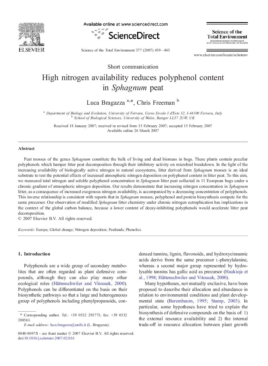 High nitrogen availability reduces polyphenol content in Sphagnum peat