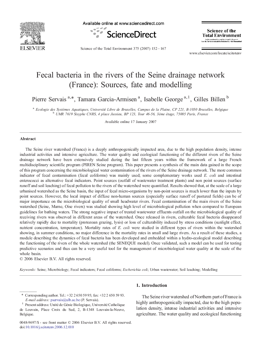 عکس صفحه اول مقاله: Fecal bacteria in the rivers of the Seine drainage network (France): Sources, fate and modelling Fecal bacteria in the rivers of the Seine drainage network (France): Sources, fate and modelling
