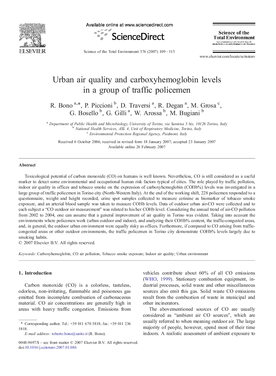 Urban air quality and carboxyhemoglobin levels in a group of traffic policemen