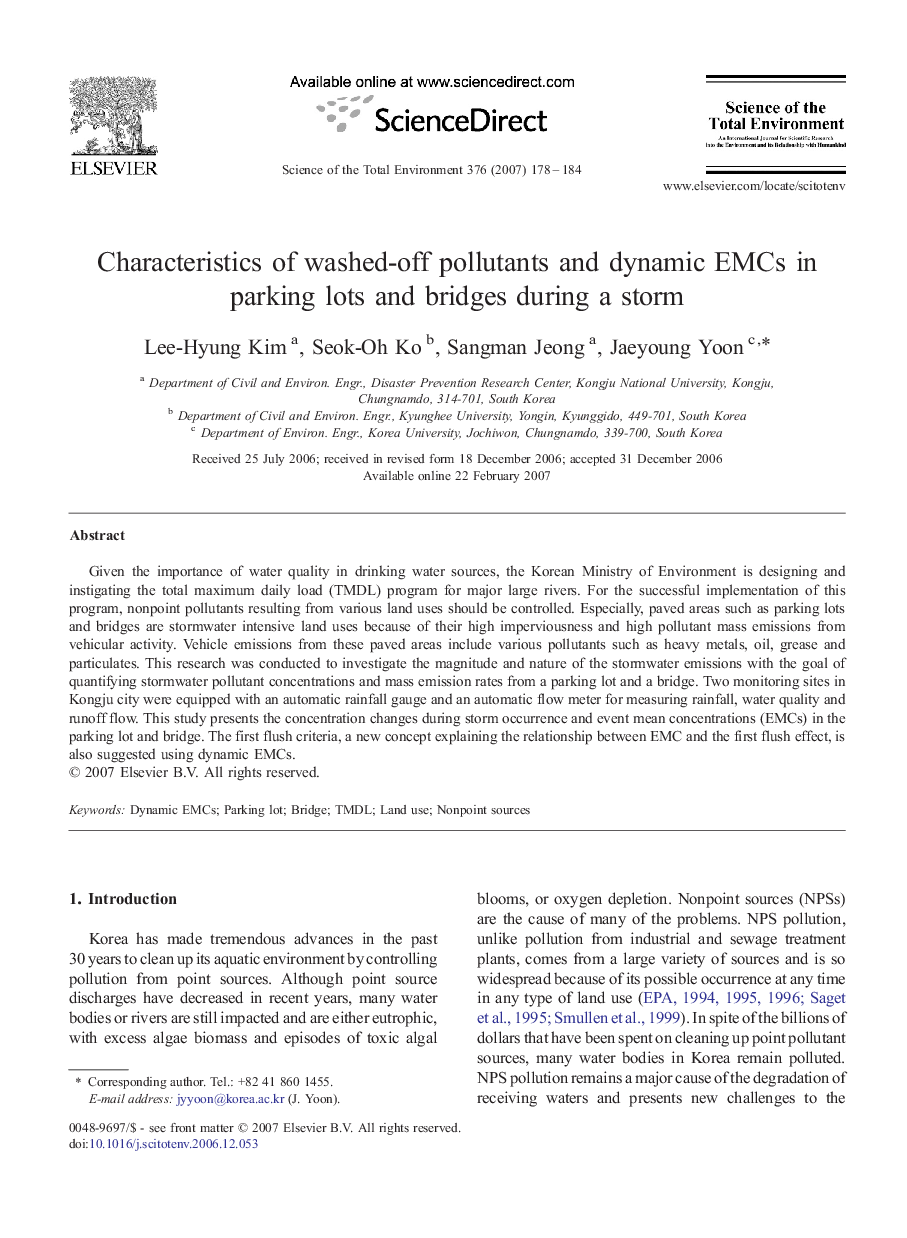 Characteristics of washed-off pollutants and dynamic EMCs in parking lots and bridges during a storm