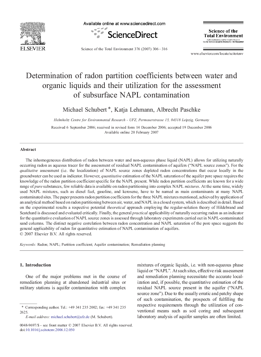 Determination of radon partition coefficients between water and organic liquids and their utilization for the assessment of subsurface NAPL contamination