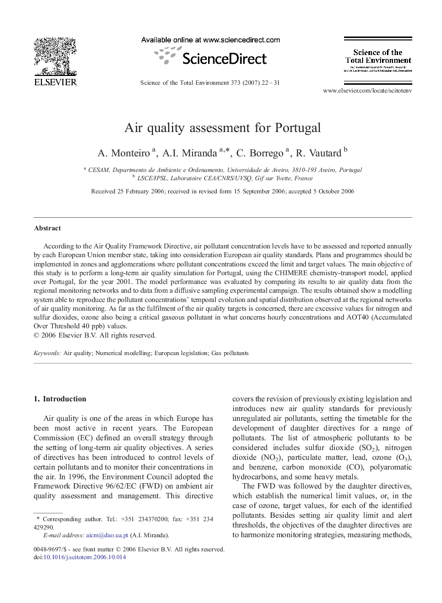 Air quality assessment for Portugal