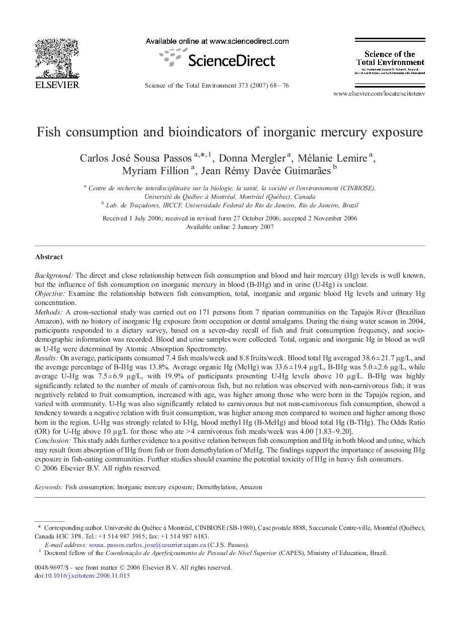 Fish consumption and bioindicators of inorganic mercury exposure