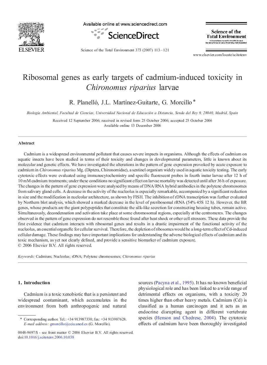 Ribosomal genes as early targets of cadmium-induced toxicity in Chironomus riparius larvae